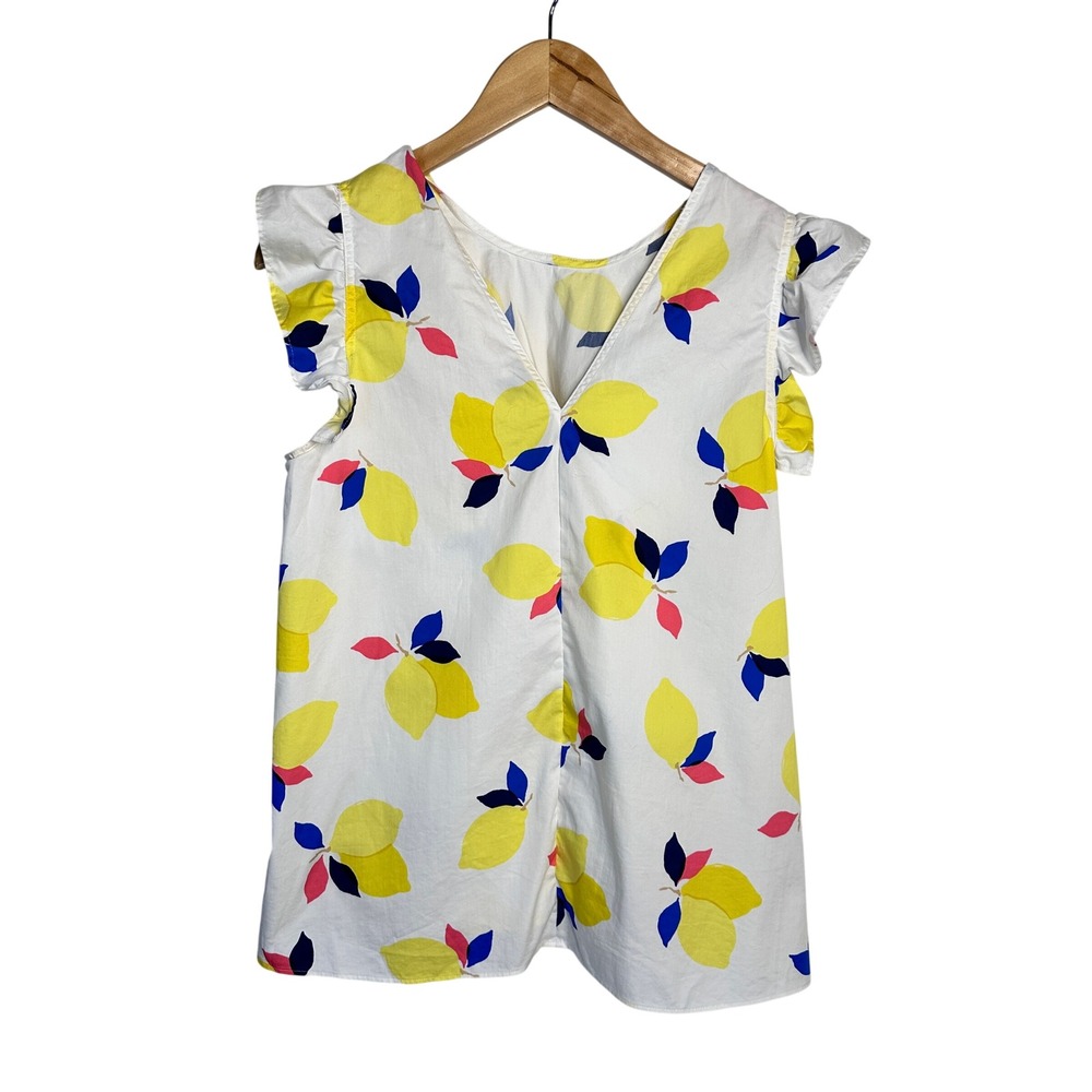 KATE SPADE Lemon Print Ruffle Sleeve V-Neck Cotton Top White Yellow Blue Small